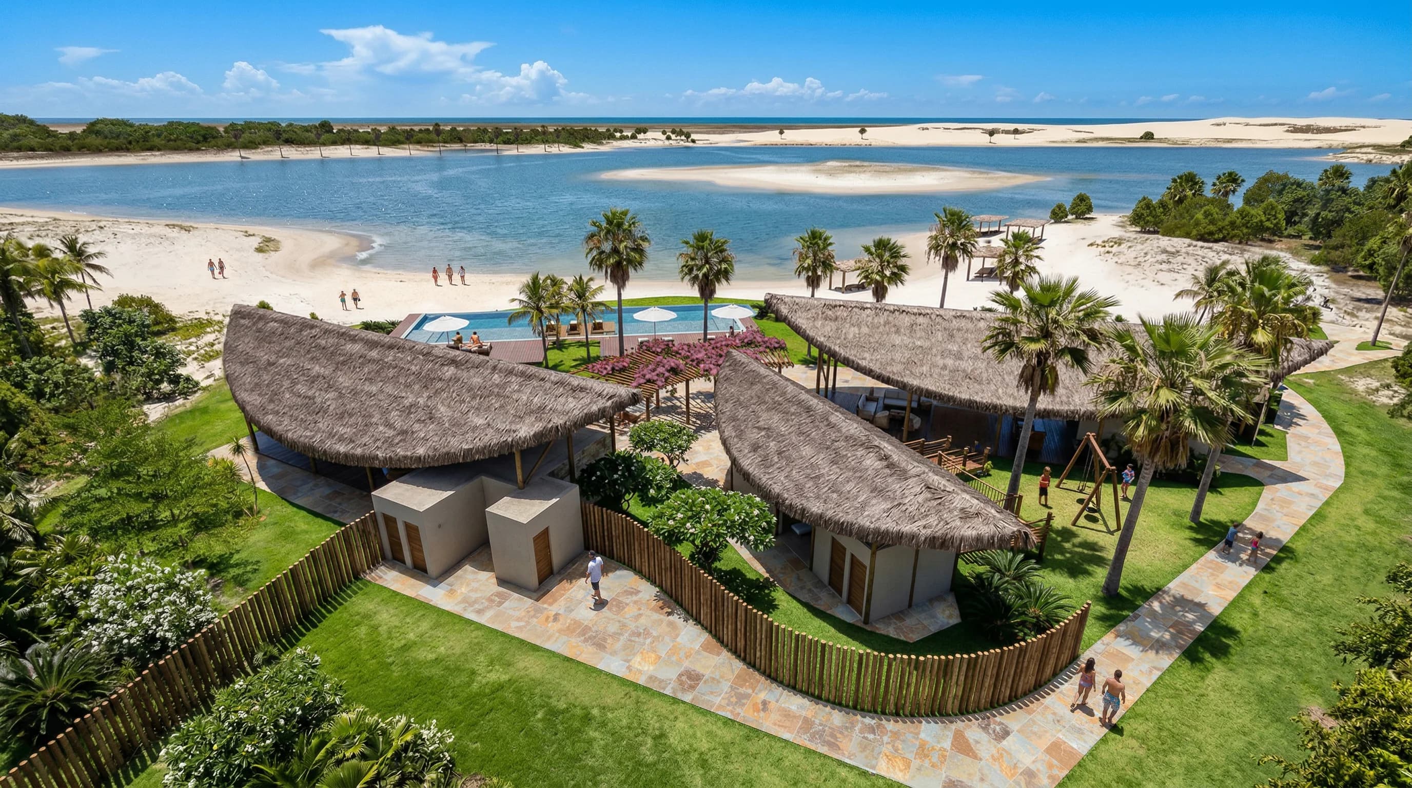 Vista aérea do Ilha dos Guarás entre o rio, a lagoa e o mar na Praia de Macapá